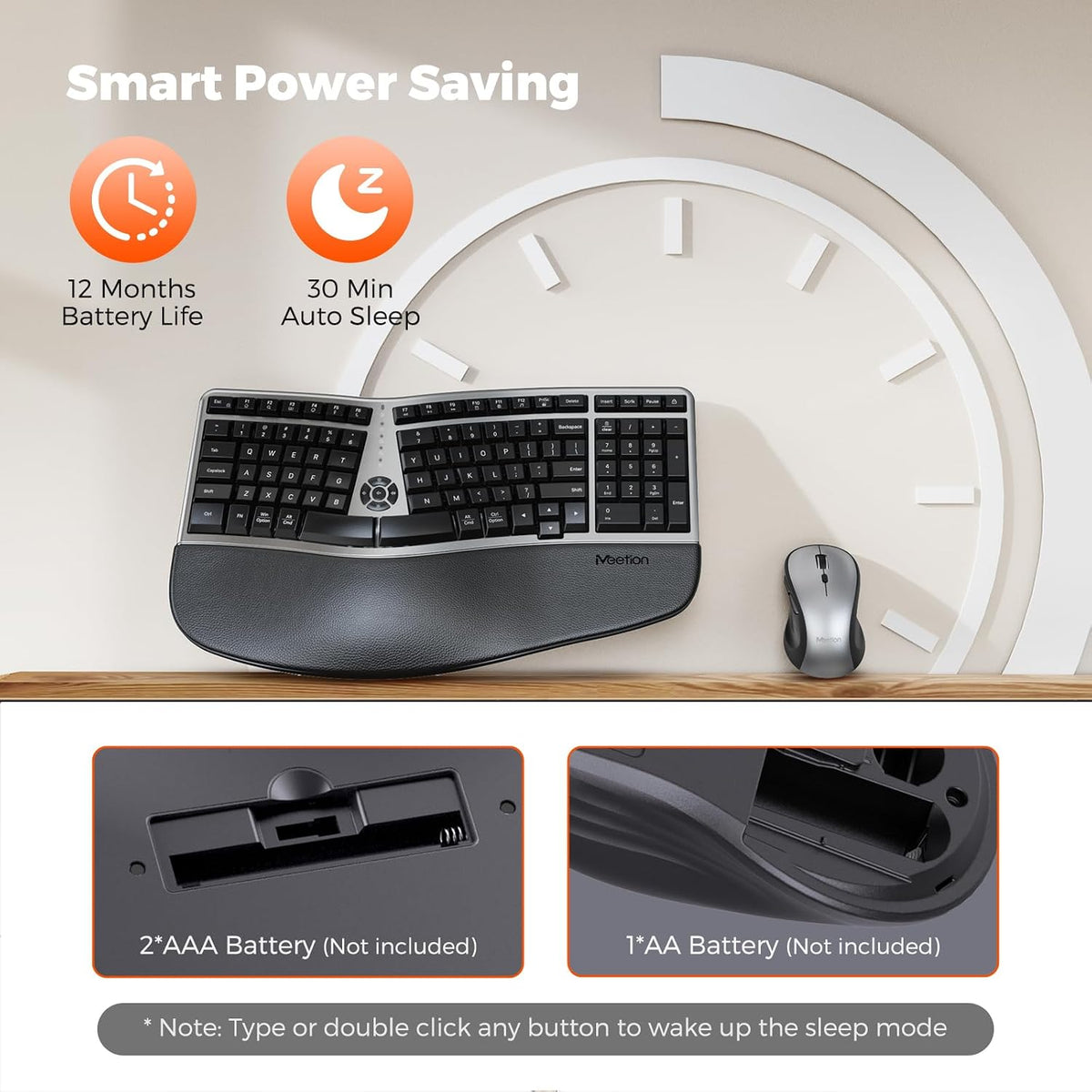 MEETION Ergonomic Wireless Keyboard and Mouse with Leather Palm Rest, Black