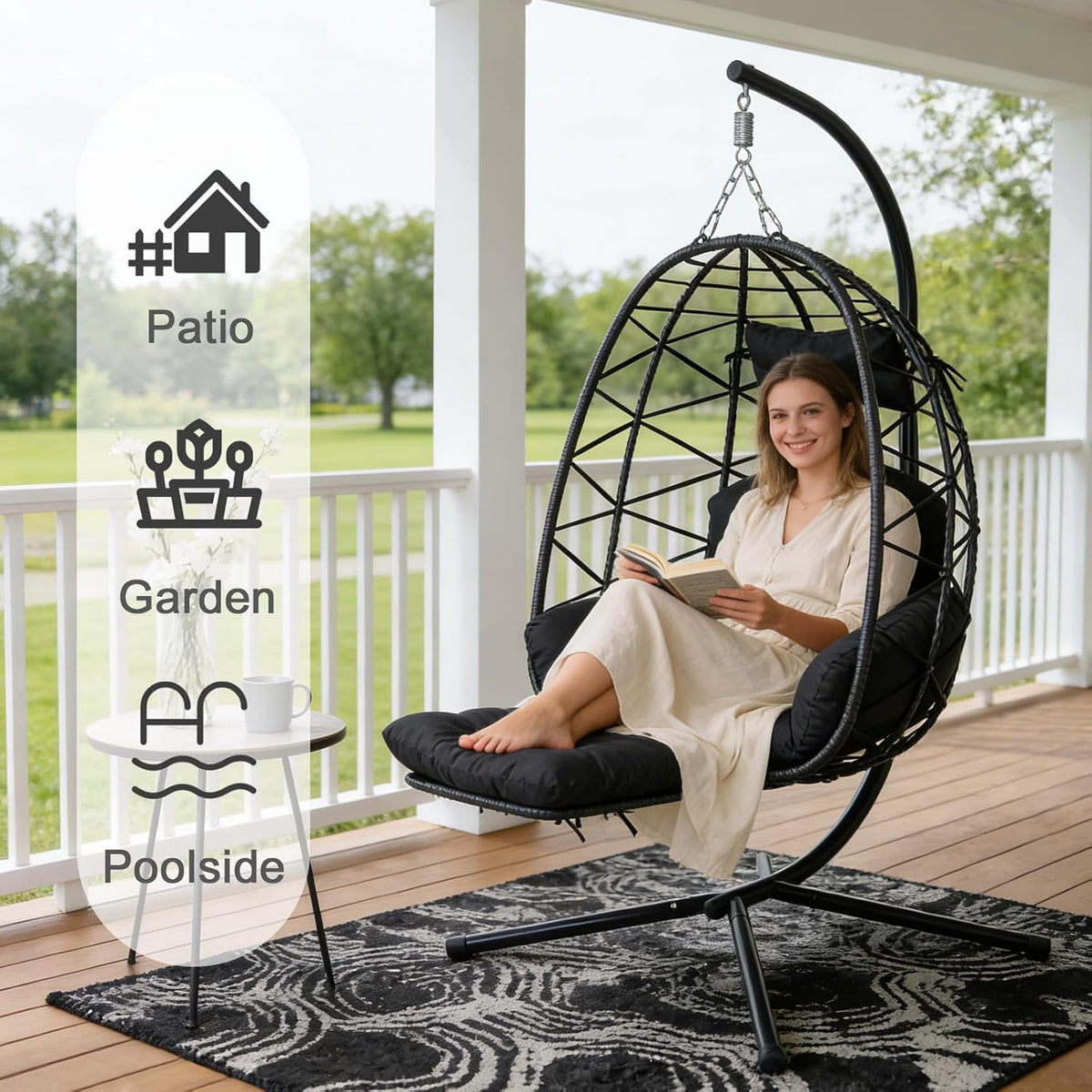 Hanging Egg Chair with Footrest & Stand, Wicker Rattan Swing Hammock Chai...