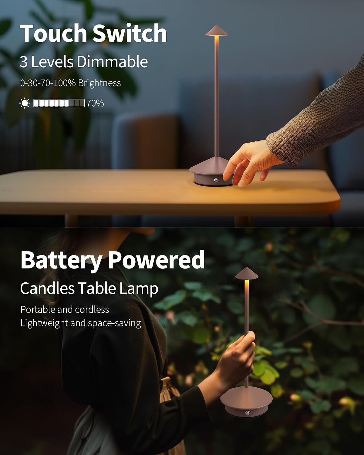 Modern Cordless Table Lamp Set of 2, Brown Portable LED Desk Lamps