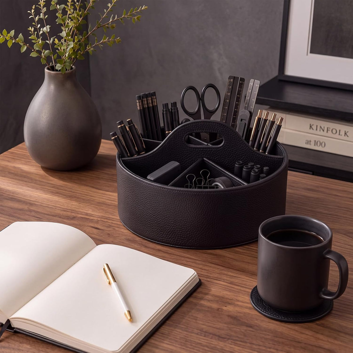 Aesthetic PU Leather Rotating Desk Storage Organizer, Black