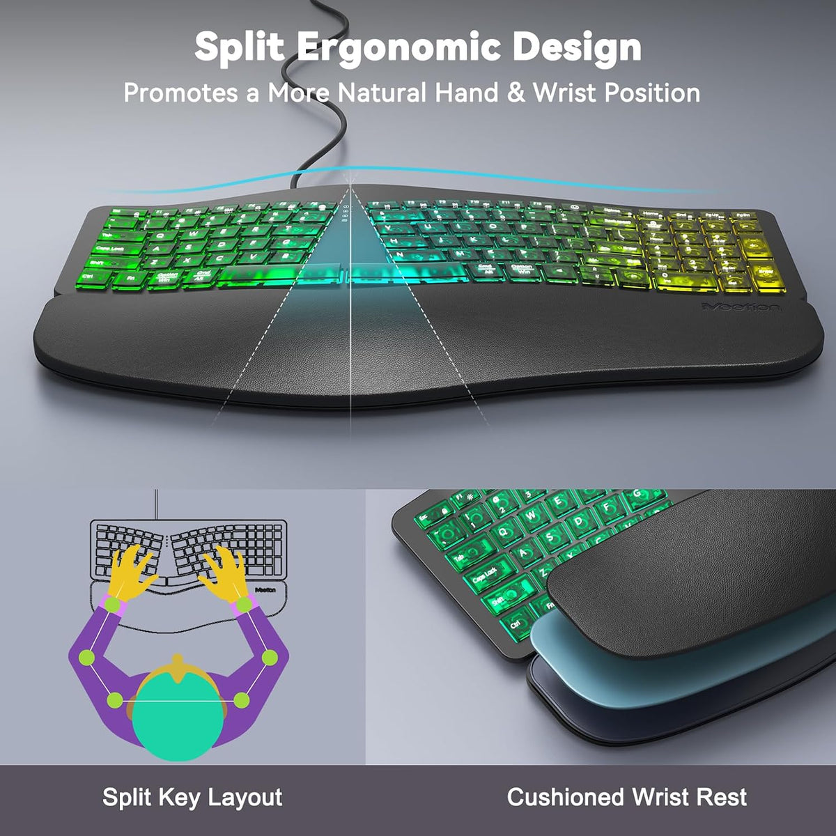 MEETION Wired Ergonomic Keyboard with Backlit Keys and Wrist Rest, Black