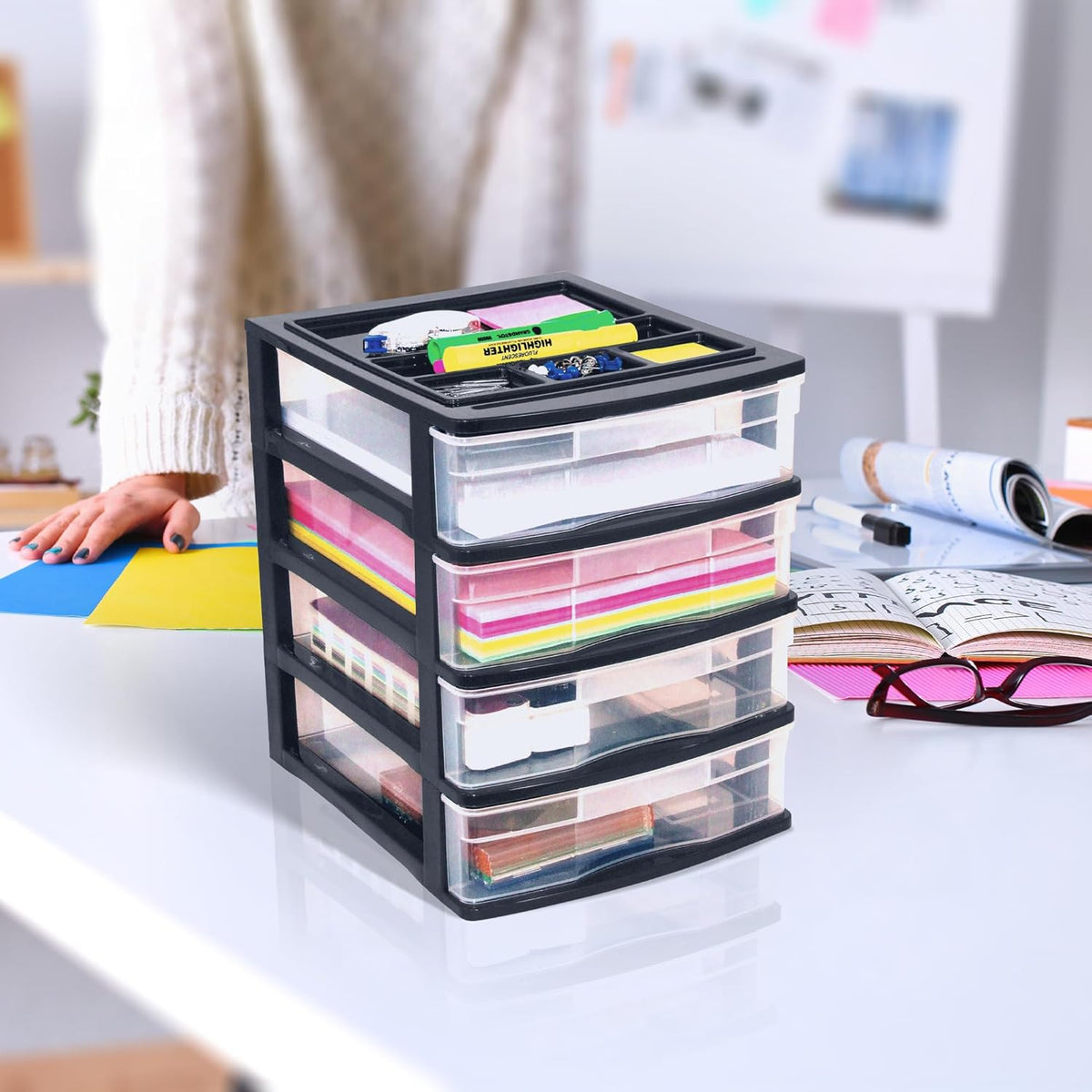 Gracious Living 4-Drawer Desktop/Countertop Storage Organizer, Black/Clear