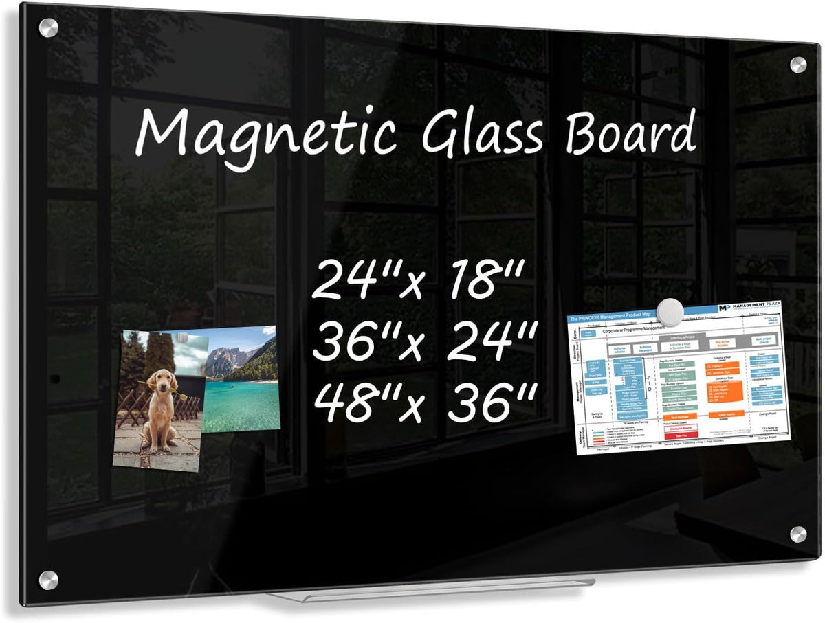 36” x 24” Black Dry Erase Board, Magnetic Tempered Glass Board