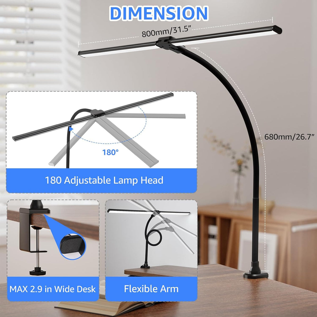 ShineTech LED Desk Lamp for Home Office, 5000K Bright Double Head Architect T...