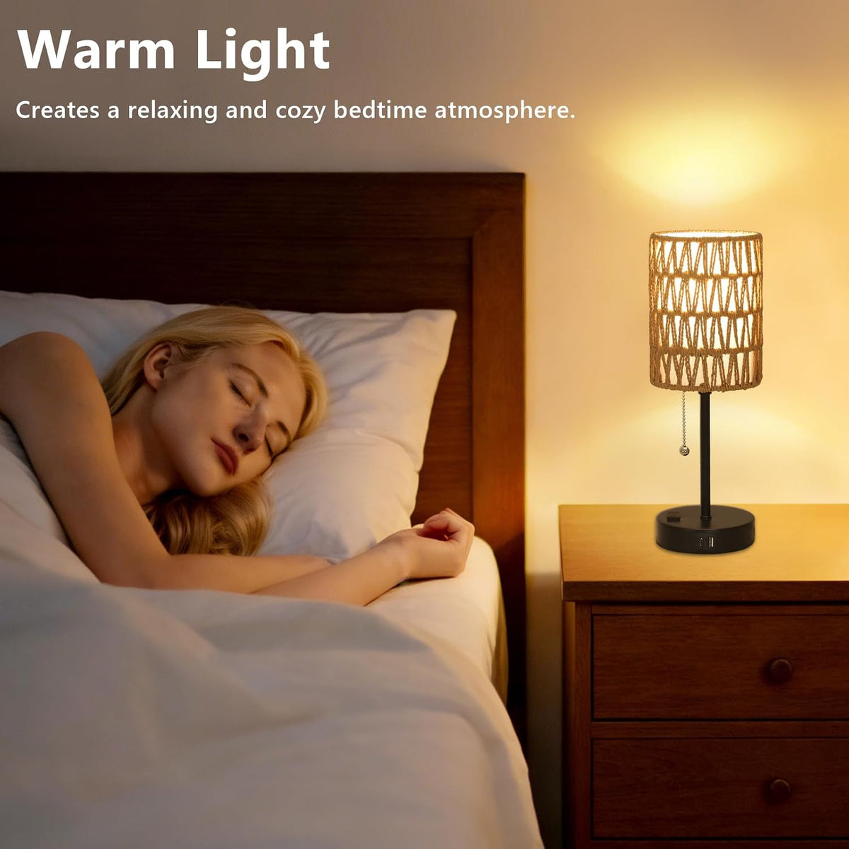 Rattan Bedside Table Lamps Set of 2 - Boho Lamps With 3 Color Temperatures &a...