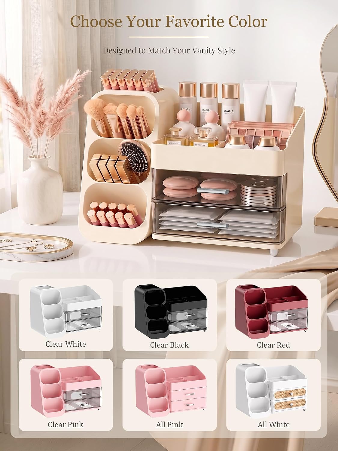 Booklov Large Makeup Organizer for Vanity Countertop, Cream