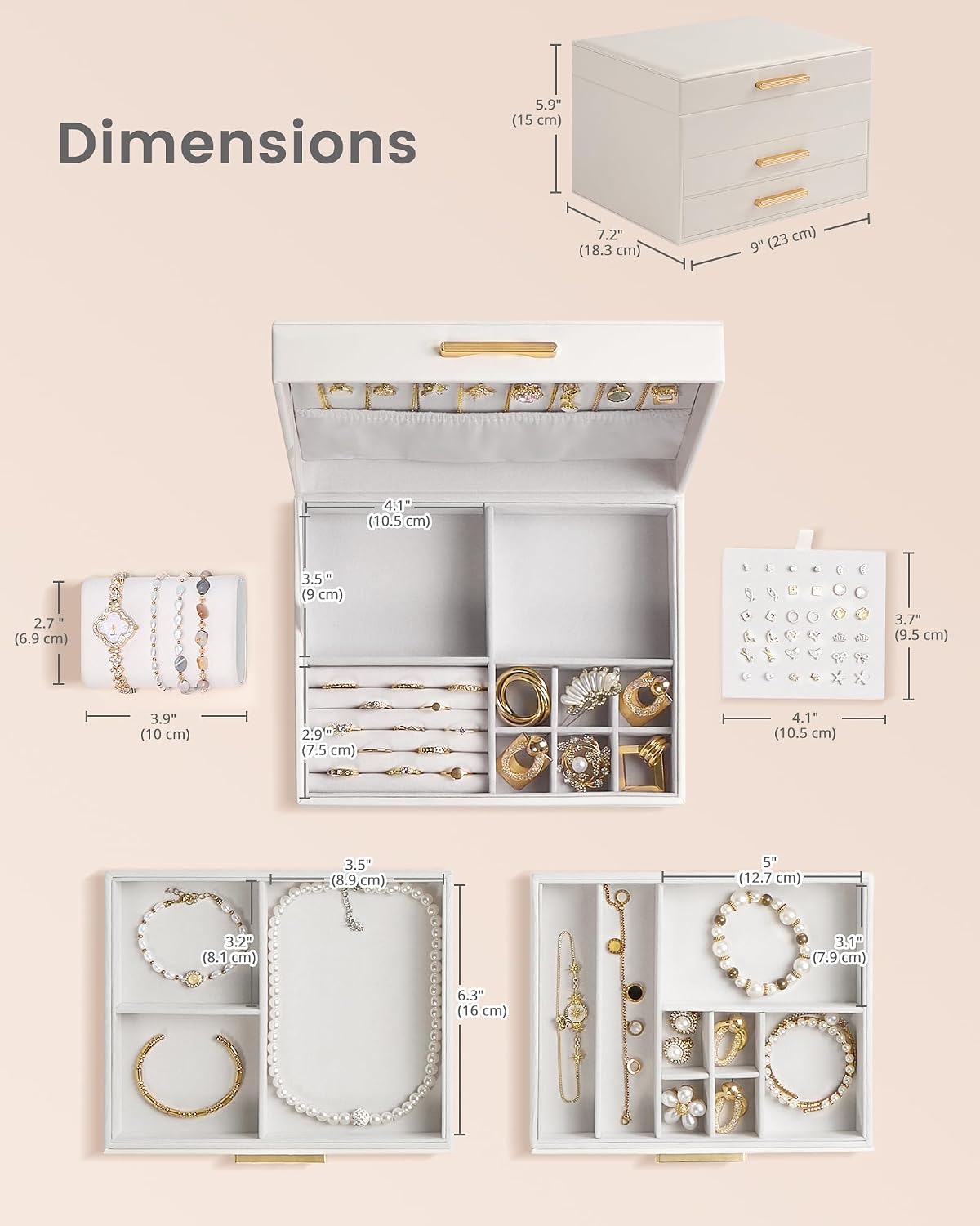 Lolalet 3-Layer Jewelry Box Organizer for Women Girls Room Decor -Beige