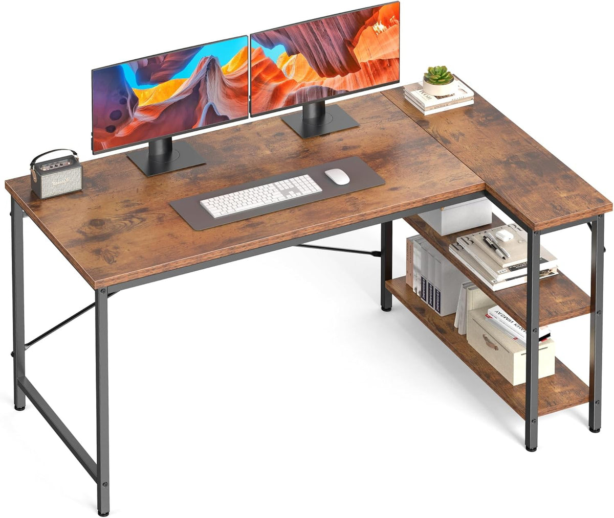DUMOS 47" L Shaped Gaming Desk, Corner Desks with Storage Shelves, Brown