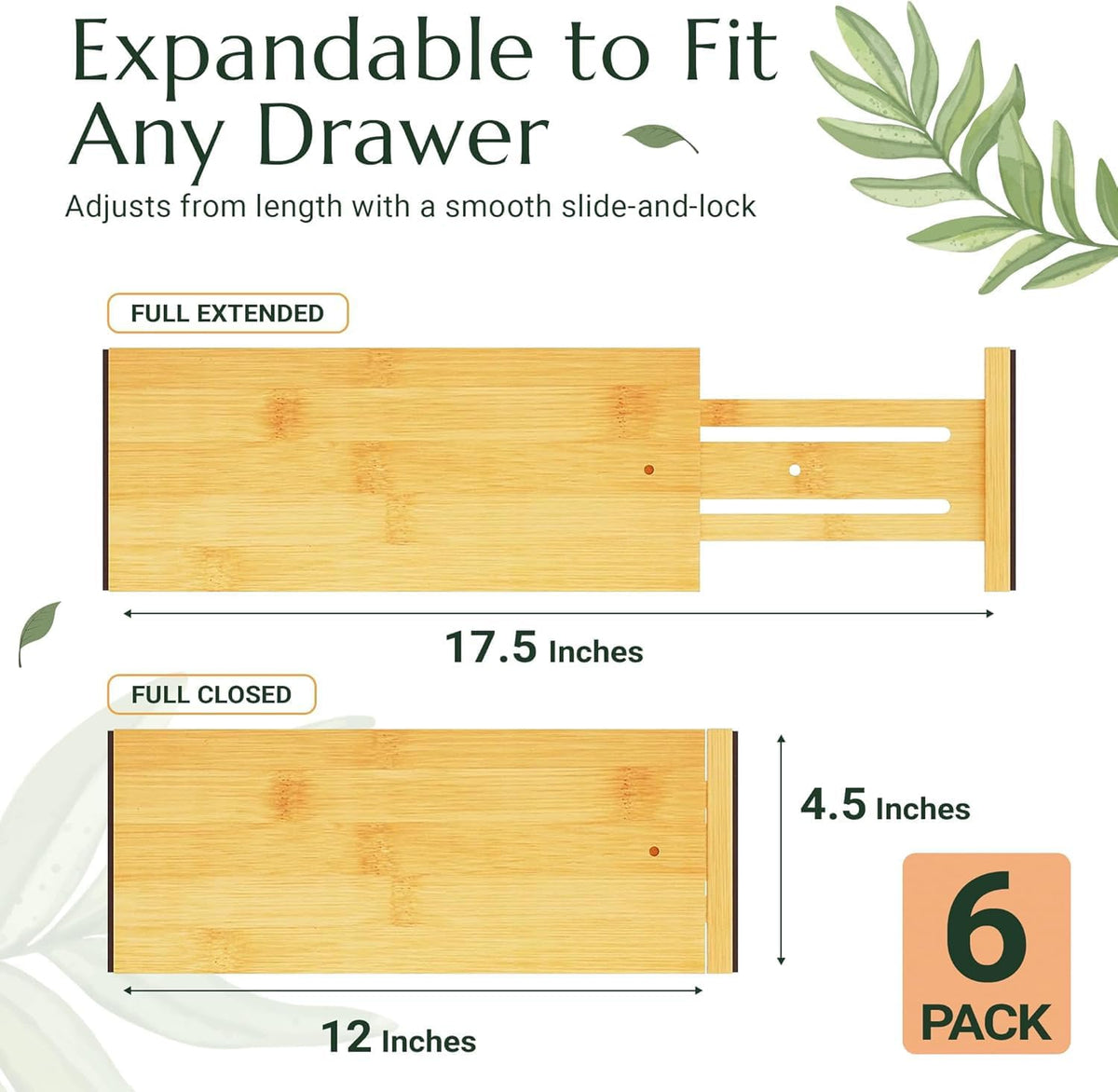 Bamboo Drawer Dividers 6 Pack with Non Slip Liner, Adjustable Expandable Draw...