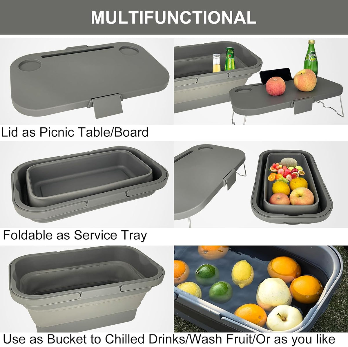 Foldable Camping Basket with Table Grey