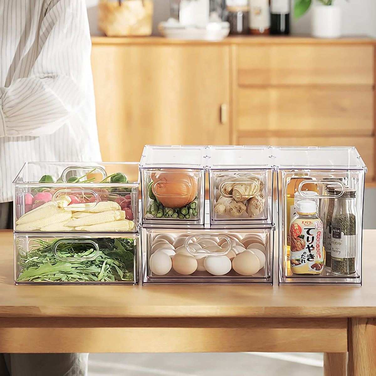 2Pack Stackable Fridge Drawers Pull-Out Bins Divided Produce Saver Containers...