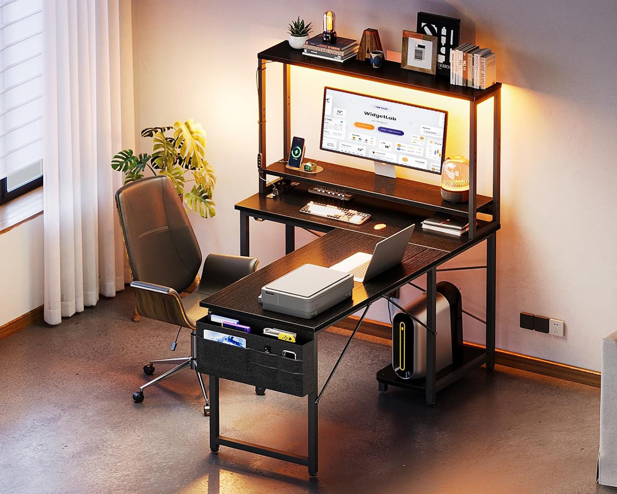 ODK 43" L Shaped Gaming Desk with Shelves, LED & Outlets, Black