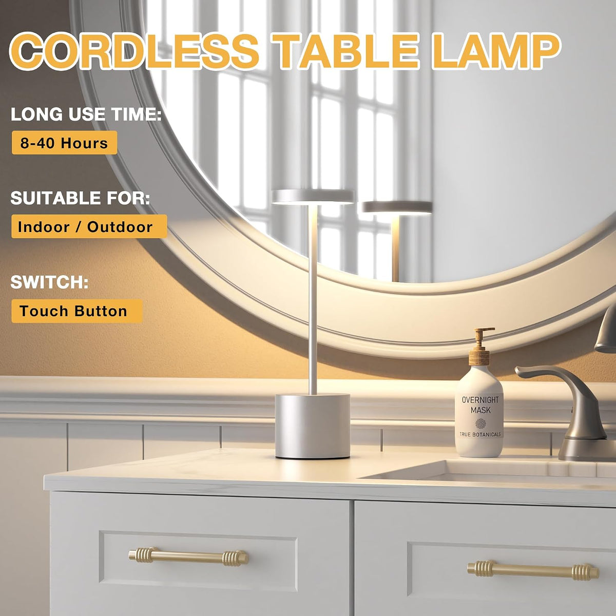 Kakanuo Silver Gray Cordless Lamp Set, Rechargeable Lamp, 3 Color Temperature...