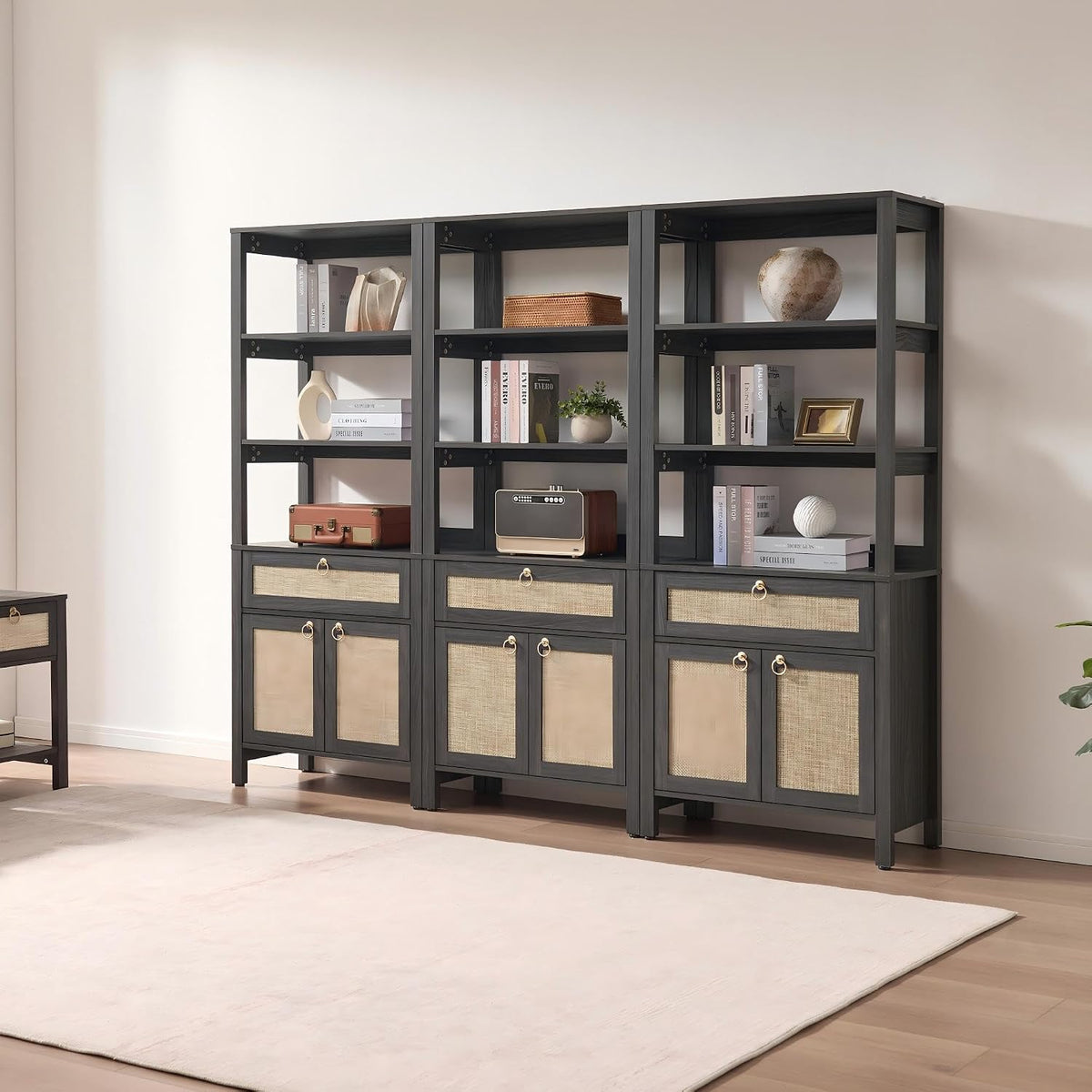 SICOTAS 68.5" Tall Boho Rattan Bookshelf with Drawer and Storage Doors
