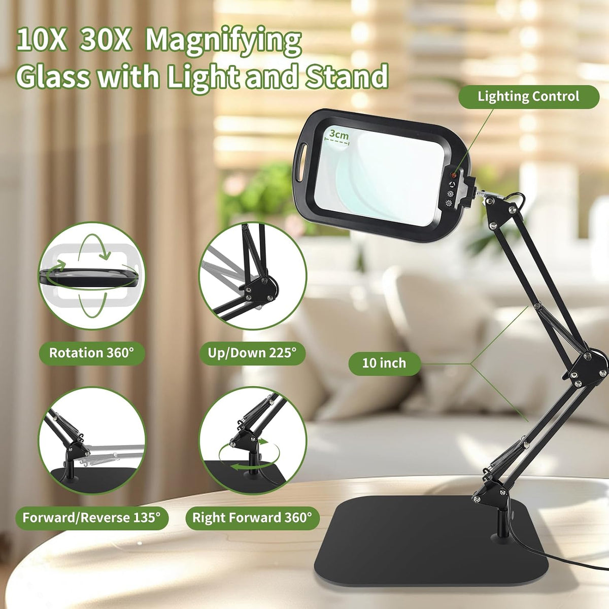 10X 30X Large Square Magnifying Glass with Light and Stand/Clamp