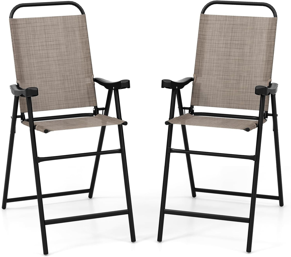 COSTWAY 2 Pieces Patio Folding Bar Chairs with Metal Frame, Footrest, Arms
