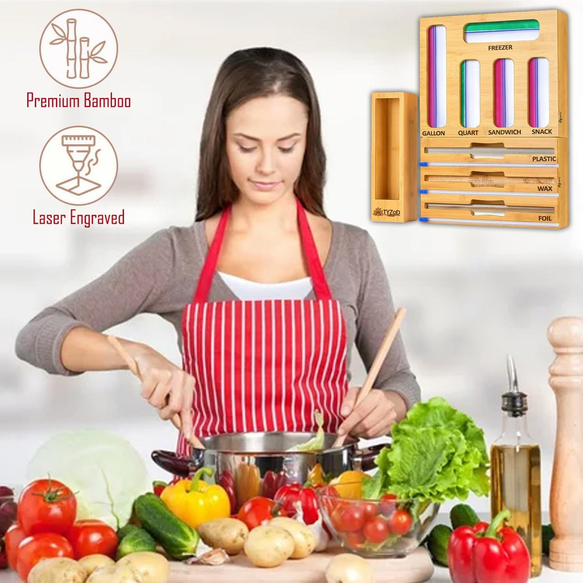 9-in-1 Bamboo Storage Bag Organizer with Cutter, Kitchen Drawer & Wall Mo...
