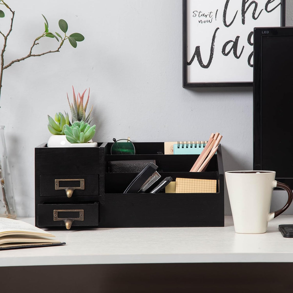 Distressed Rustic Wooden Office Desktop Organizer Wood Shelf Tabletop Home Or...