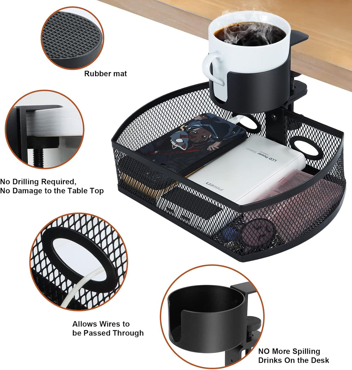MASTLU Under Desk Organizer,Cup Holder,Table Management Tray, Swivel Pencil D...