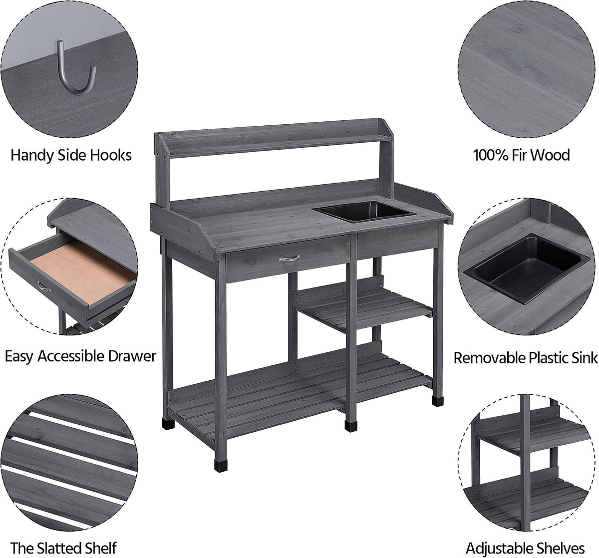 Yaheetech Potting Bench with Sink & Drawer, Outdoor Gardening Table, Gray