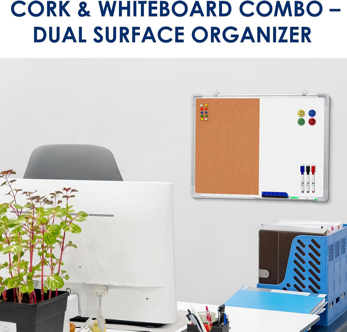 Combination Whiteboard Bulletin Board, 24x18 in Dry Erase Board with Cork