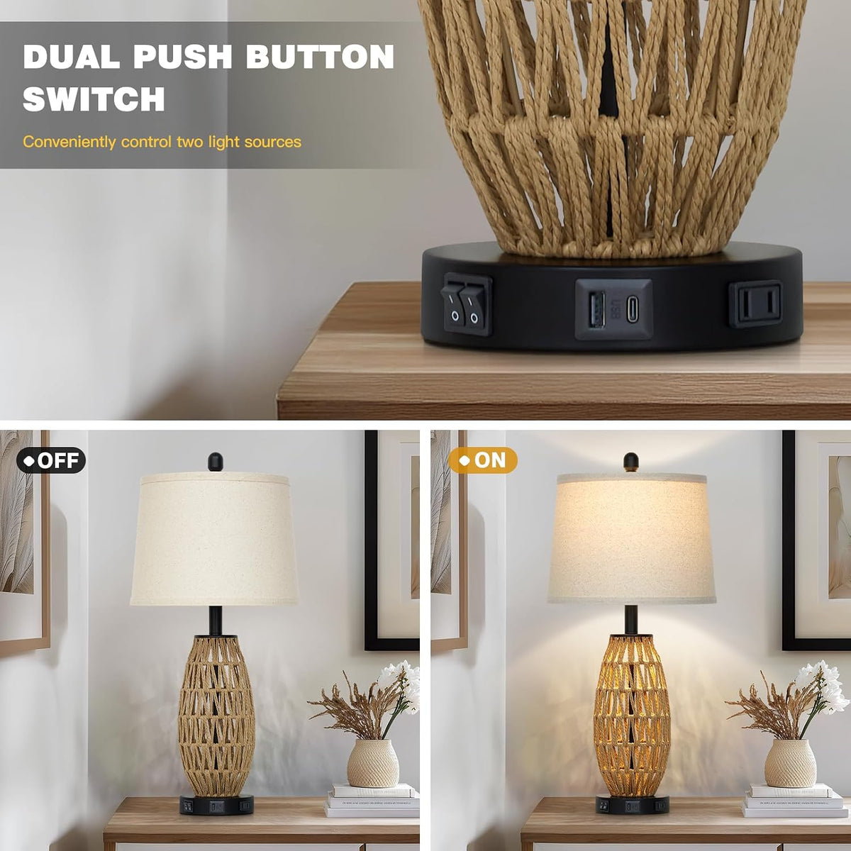 27" Boho Rattan Table Lamp Single, Wicker Bedroom Lamp with Night Light,...
