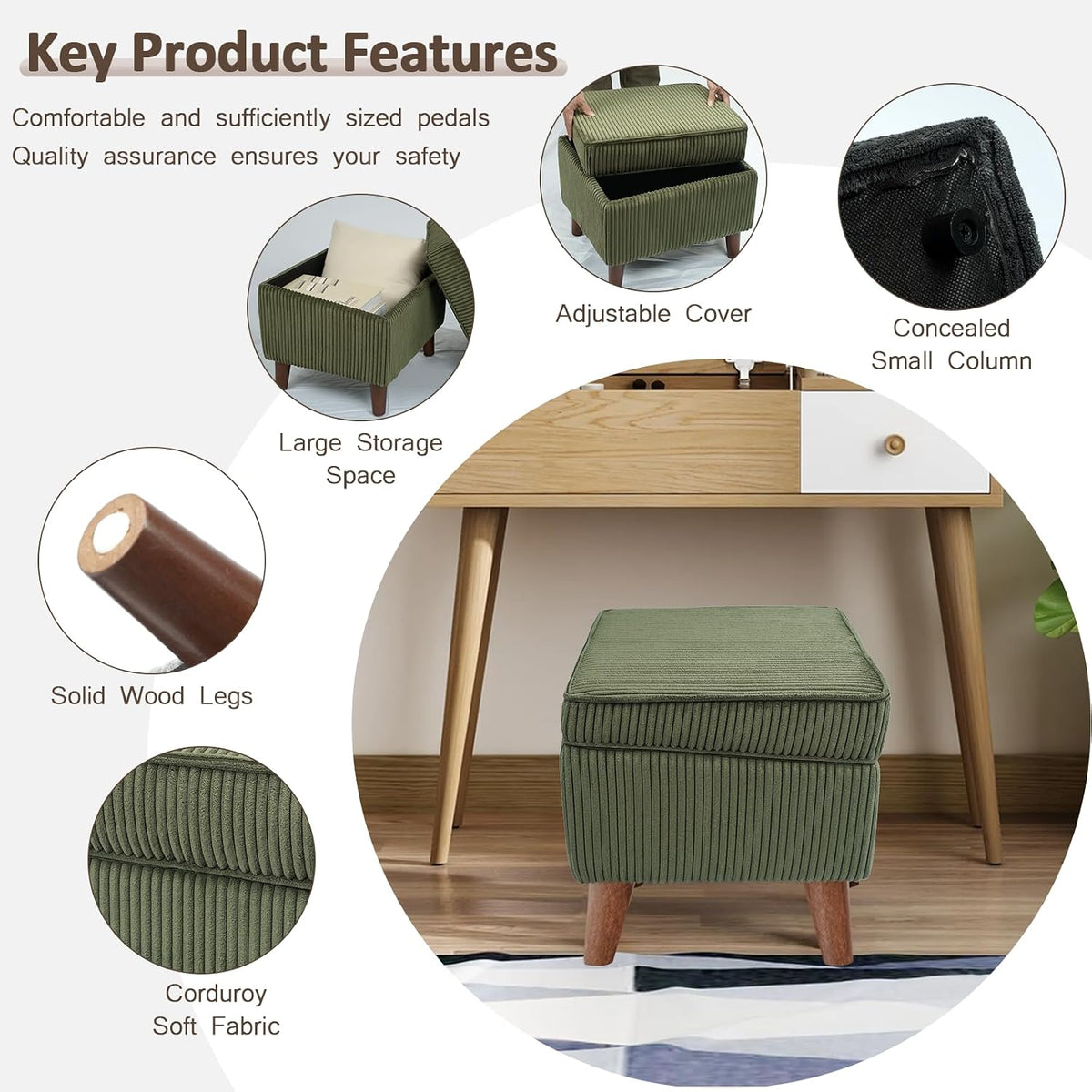 FAGAGA Storage Ottoman with Adjustable Lid, Corduroy Foot Rest