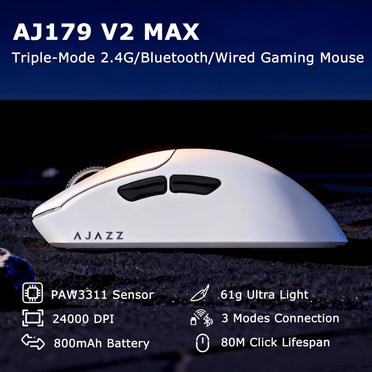 AJ179 V2 Wireless Gaming Mouse, Tri-Mode 2.4G/Bluetooth/Wired, 800mAh Battery...