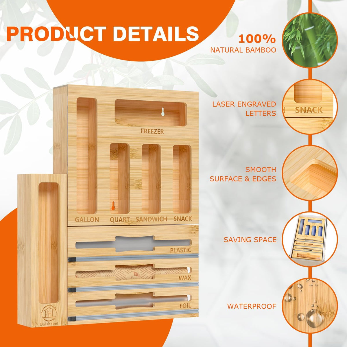 DALSHABET 9-in-1 Bamboo Kitchen Drawer Organizer for Storage Bags and Wrap