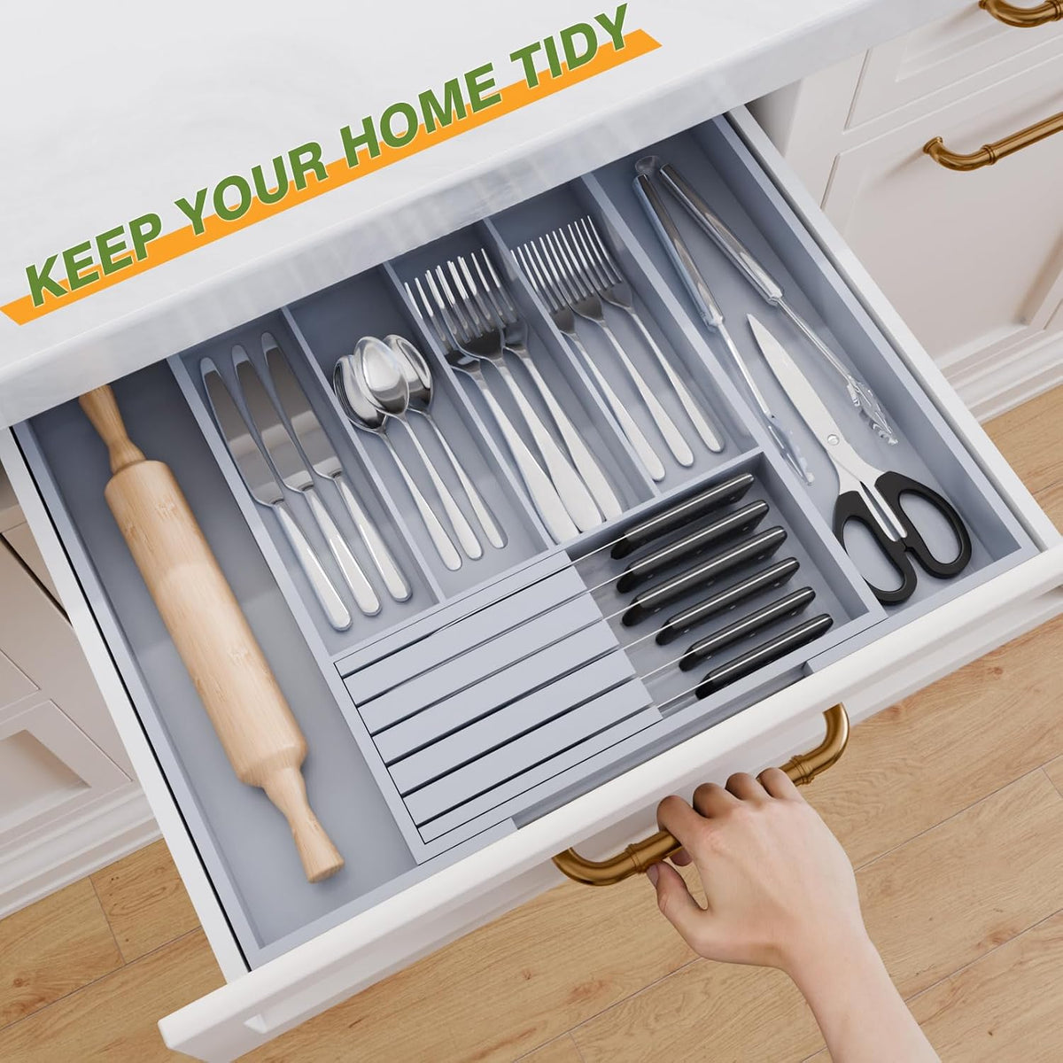 Bamboo Kitchen Silverware Drawer Organizer - Expandable Wood Utensil Holder w...