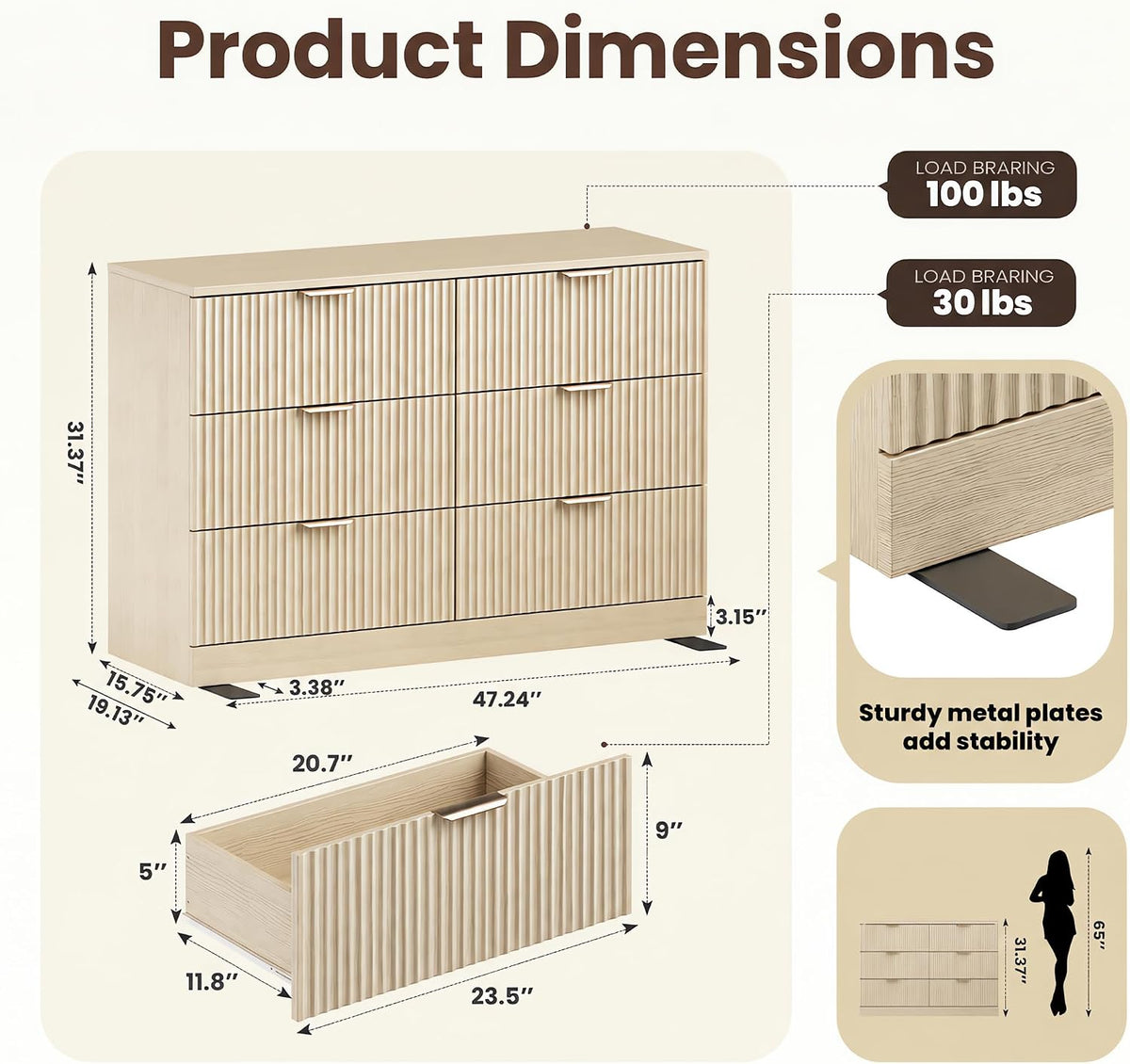 MALOL Modern Fluted 6 Drawer Dresser, Wide Wooden Storage Cabinet with Metal ...