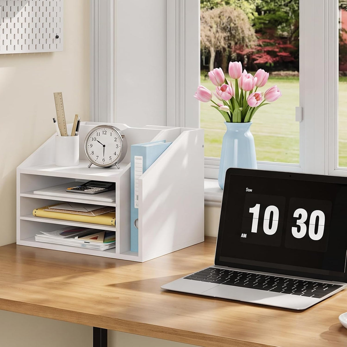 CHOEZON Wooden Desk Organizer, File Organizer with Adjustable Partitions