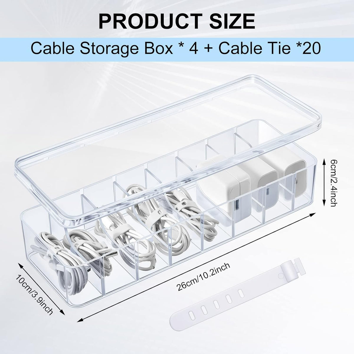 Tatuo Cord Organizer Box with Lid, Clear, 4 Pack