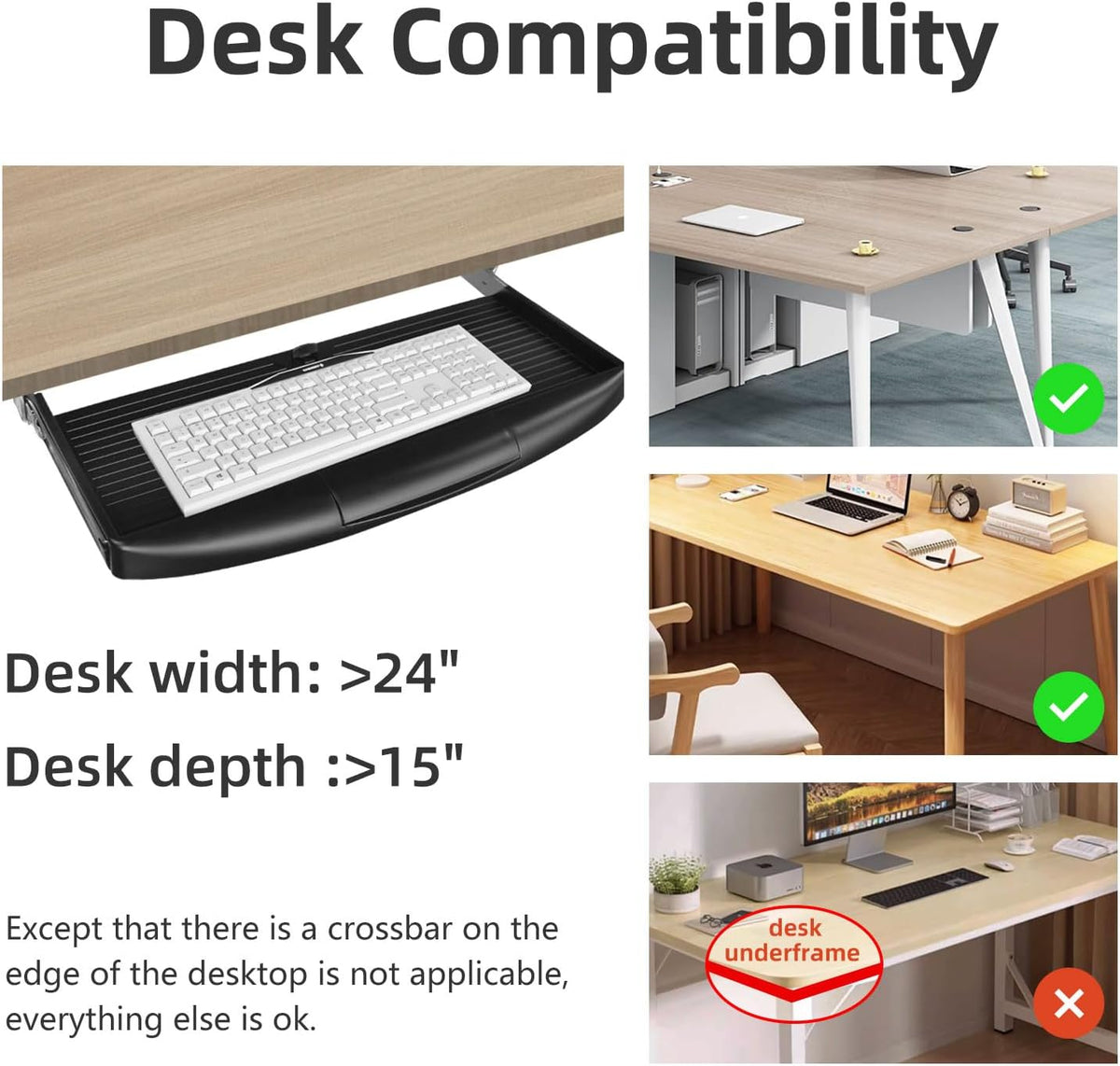 22"Wx11"D Under Desk Keyboard Tray Slide Out, Pull Out Keyboard Tra...