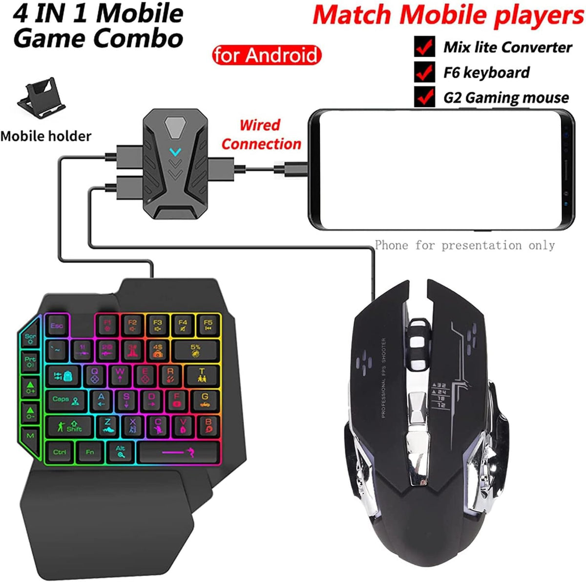 One - Handed RGB Gaming Keyboard and Mouse Combo, USB Wired LED Backlit Keybo...