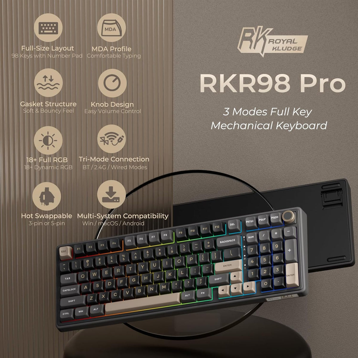 RK ROYAL KLUDGE R98 Pro Wireless Mechanical Keyboard, Creamy Bluetooth/2.4GHz...
