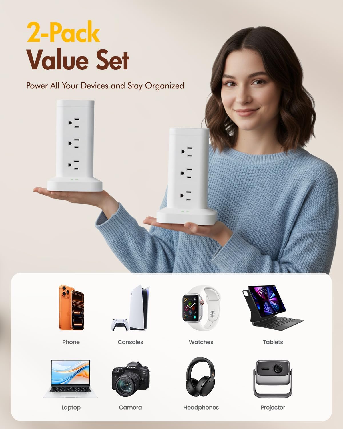 12AC 3USB Power Strip Tower Surge Protector, Extension Cord 10ft, White, 1
