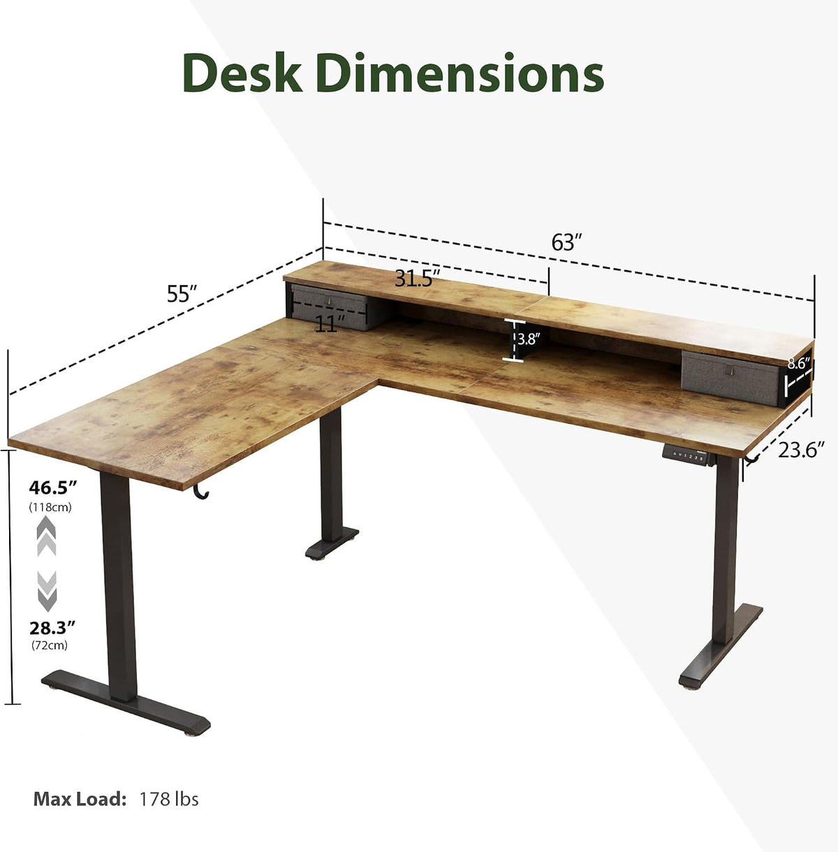 Agilestic 63 Inch L Shaped Electric Standing Desk with Drawer, Rustic Brown