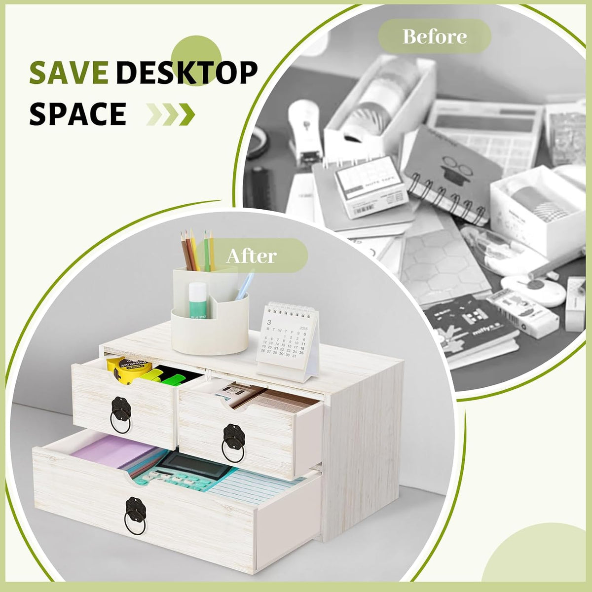 Wood Desk Organizer with Drawer, White Wooden Desktop Organizer, Tabletop Sto...