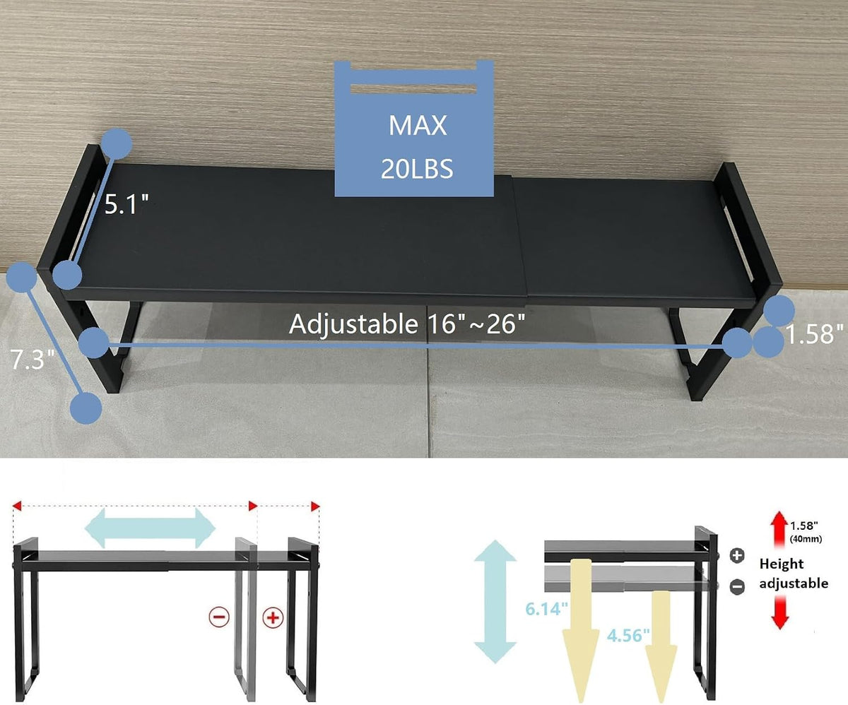 2 Pack Expandable Cabinet Shelf 5.1"D Adjustable Counter Riser Rack Black