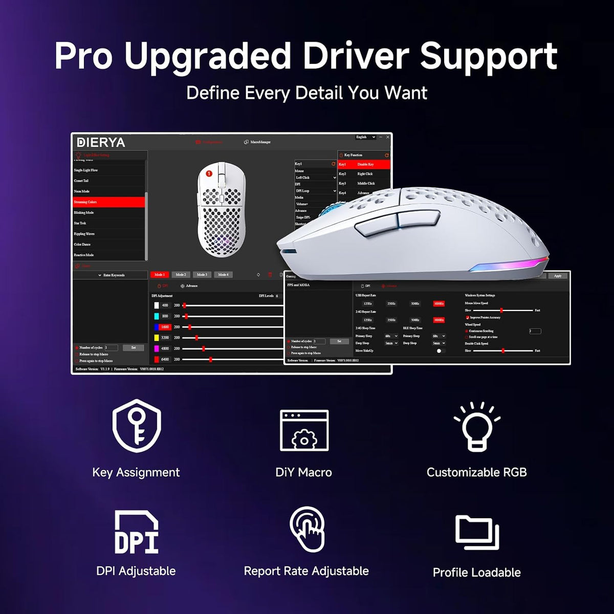 DIERYA M1 Wireless Gaming Mouse, 24000DPI, 180Hrs Battery, 16.8M RGB, 6 Progr...