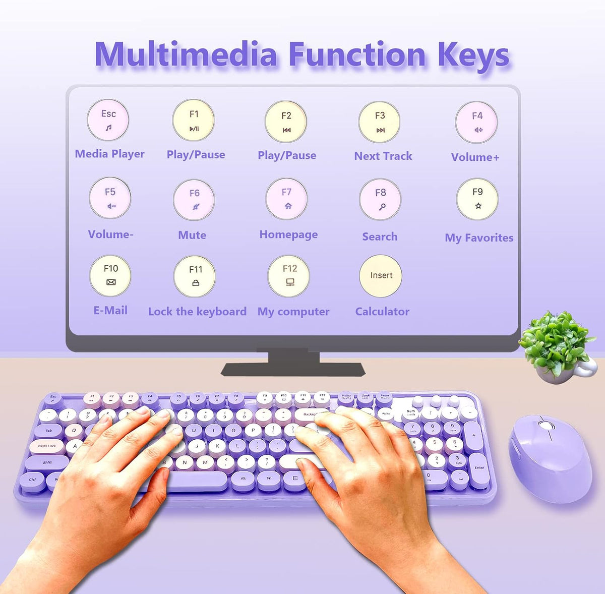 Purple Retro Typewriter Wireless Keyboard and Mouse Combo for Home Office