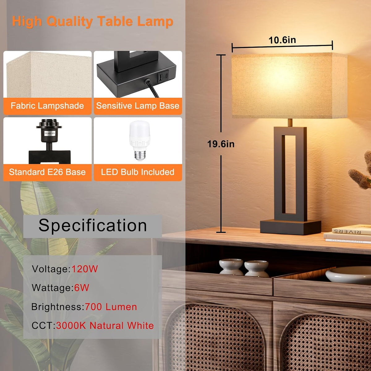 19.6" Touch Lamps for Nightstand, 3 Way Dimmable Bedroom Lamp, USB C+A
