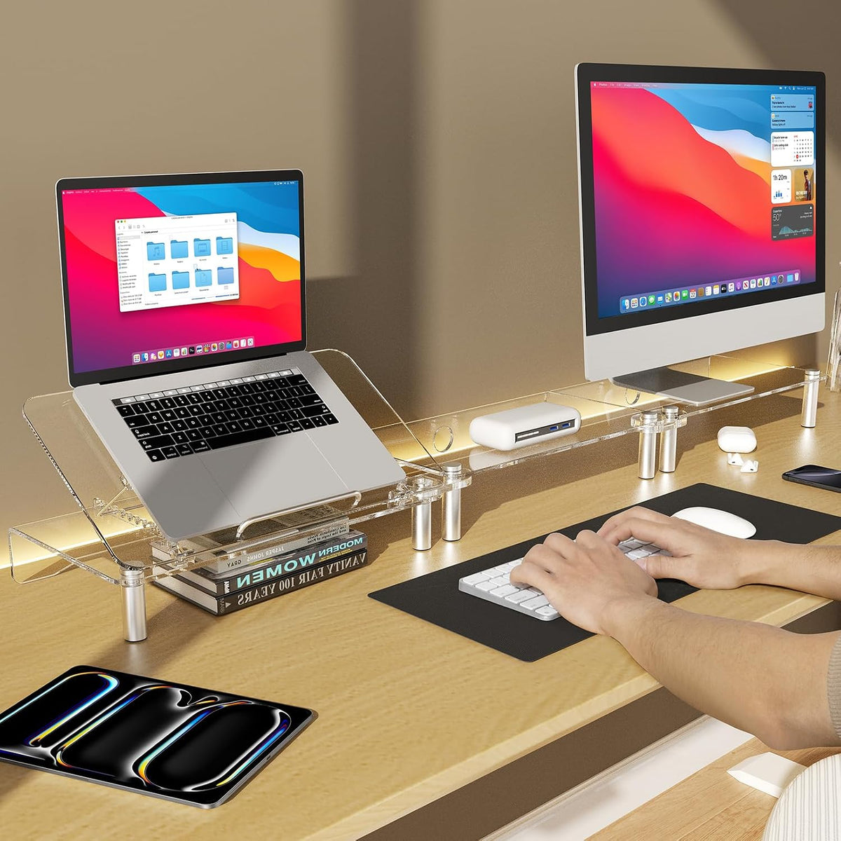 Clear Acrylic Dual Monitor Stand Riser,Laptop Riser Adjustable to 8 Angles