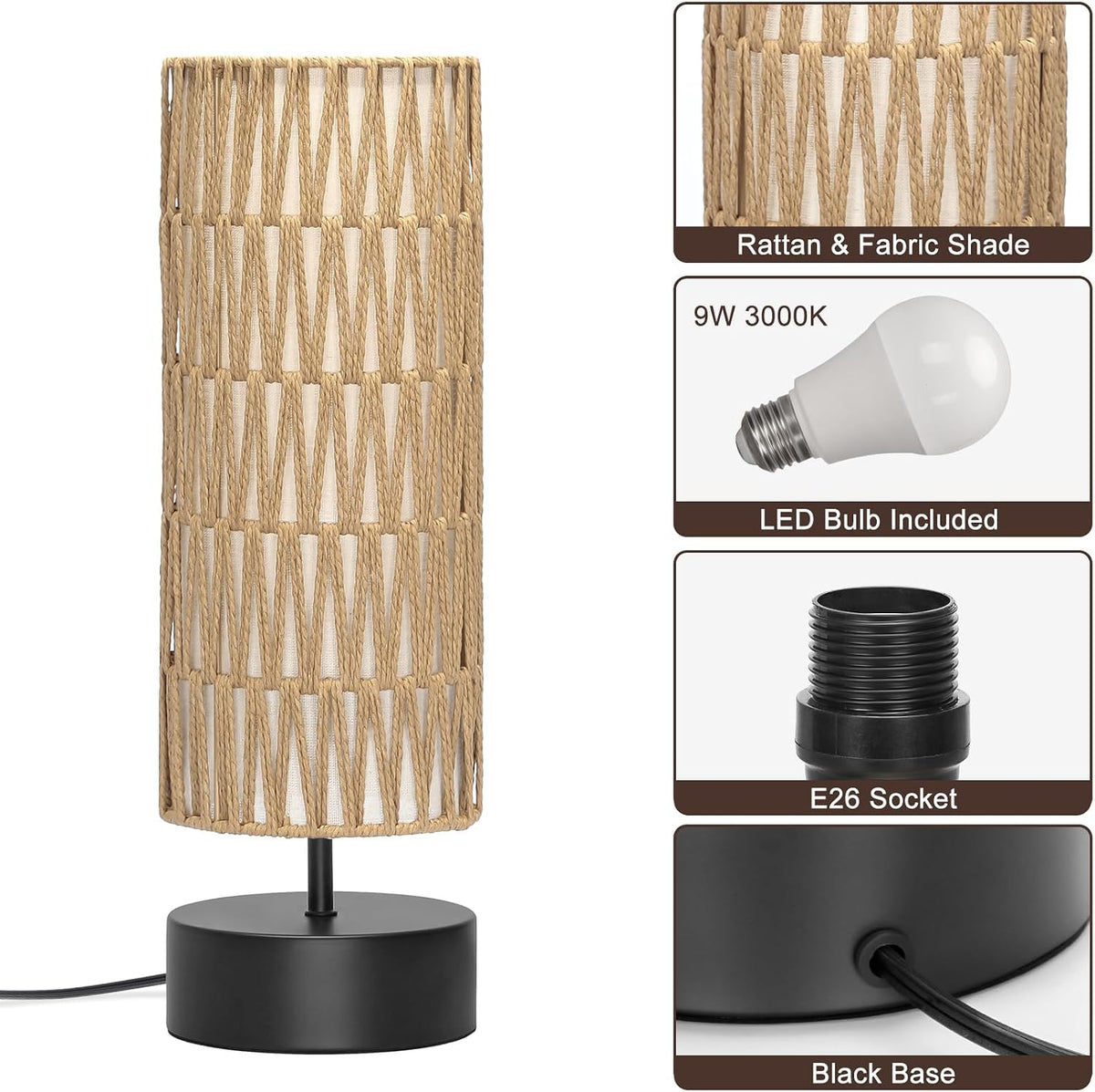 Rattan Table Lamp, Touch Control Bedside Table Lamp with Black Base, 3 Way Di...