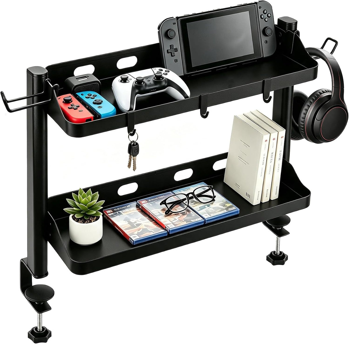 Clamp On Desk Shelf Organizer, 2-Tier Storage with Hooks