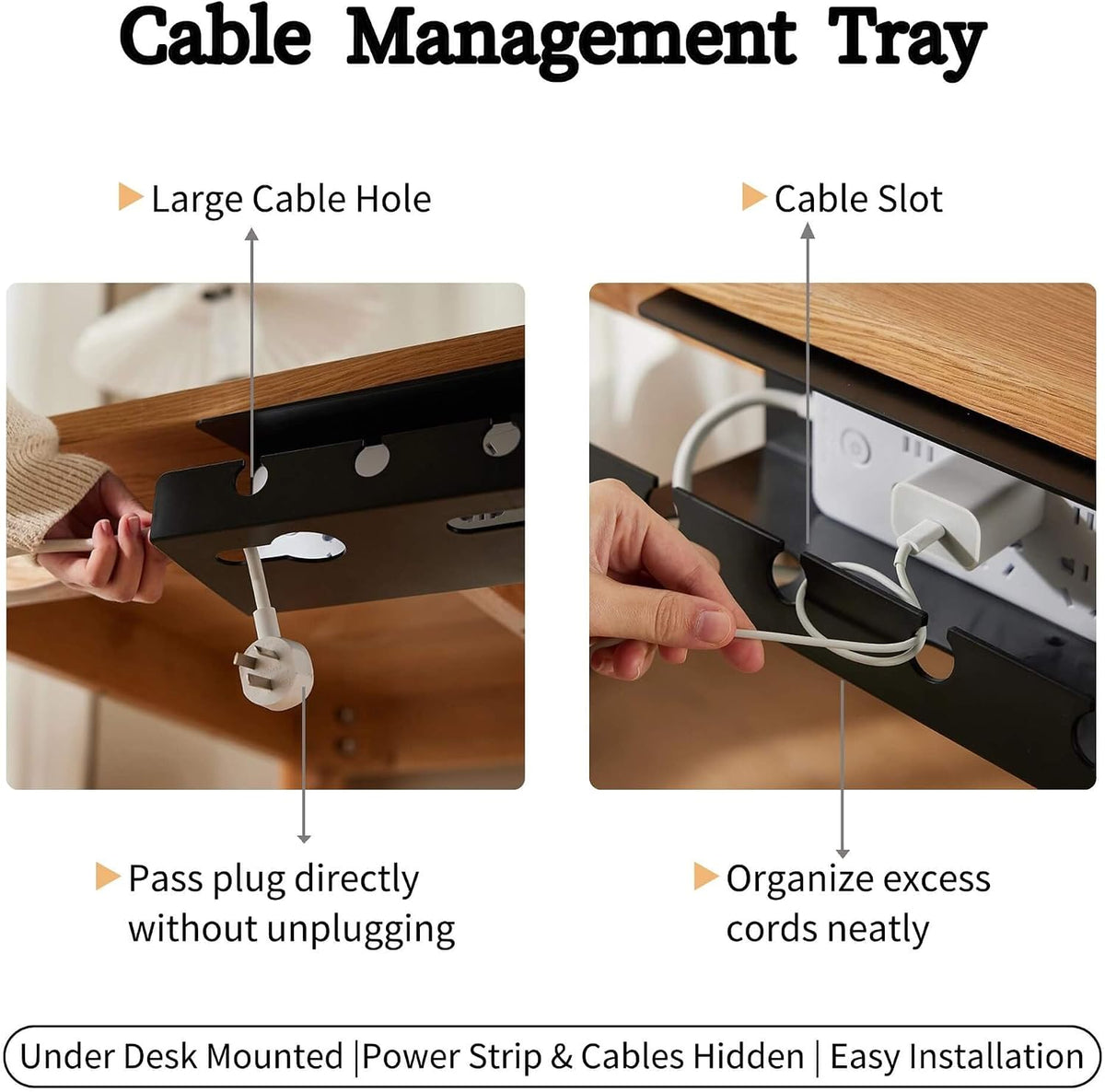 Ovanmexis Under Desk Cable Management Tray, White, No Drill, 2-Pack