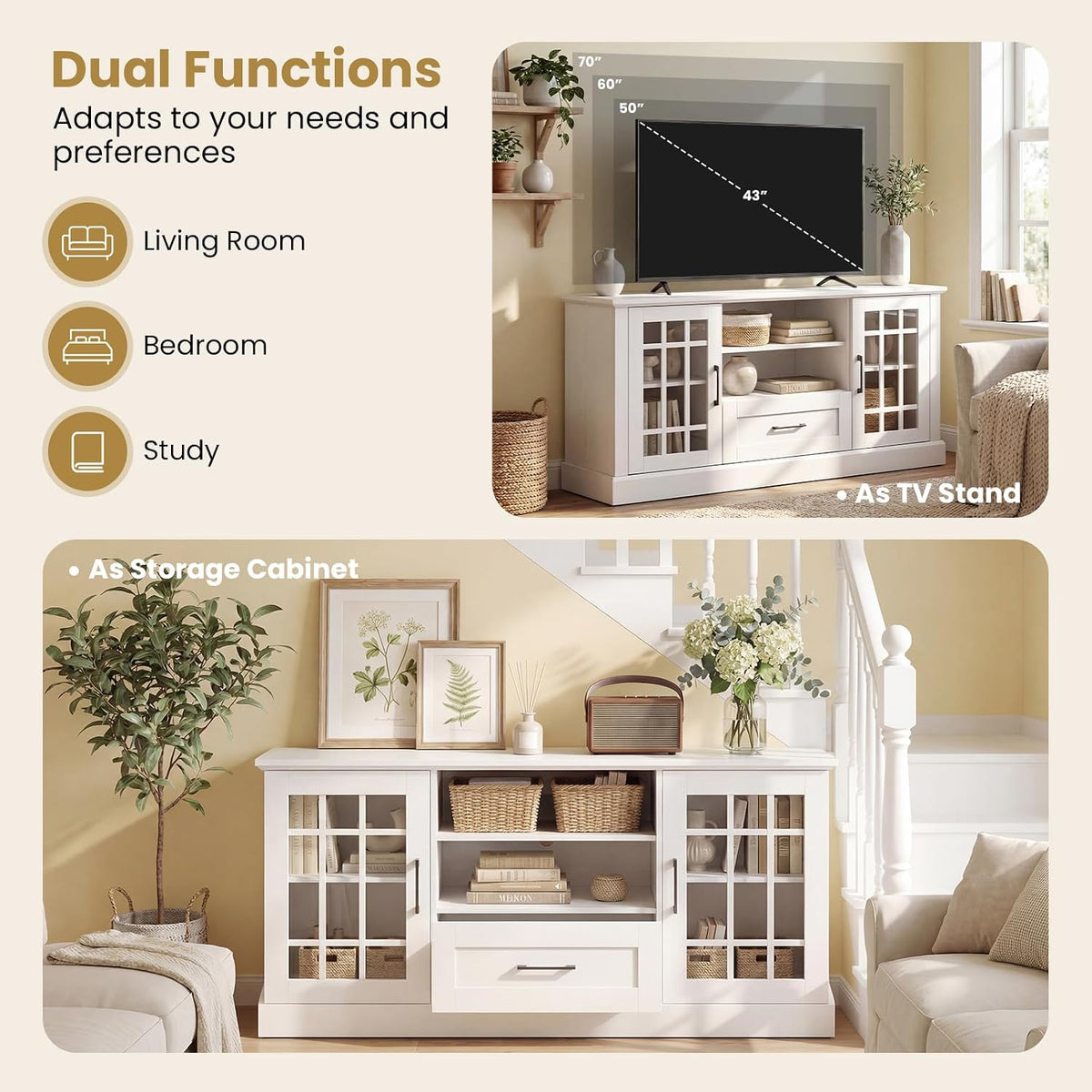 LOKO 62 Inch TV Cabinet, Media Console Table w/ 2 Glass Door Cabinets & D...