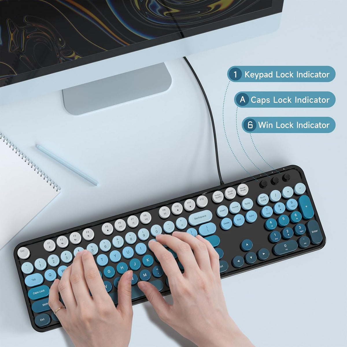 MOFII Computer Keyboard Wired,Round Key Retro Typewriter Keyboard Full Size