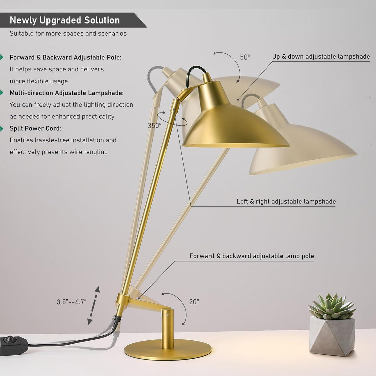 Desk Lamp Modern Industrial 100% Metal Adjustable Table Lamp 24", Natura...